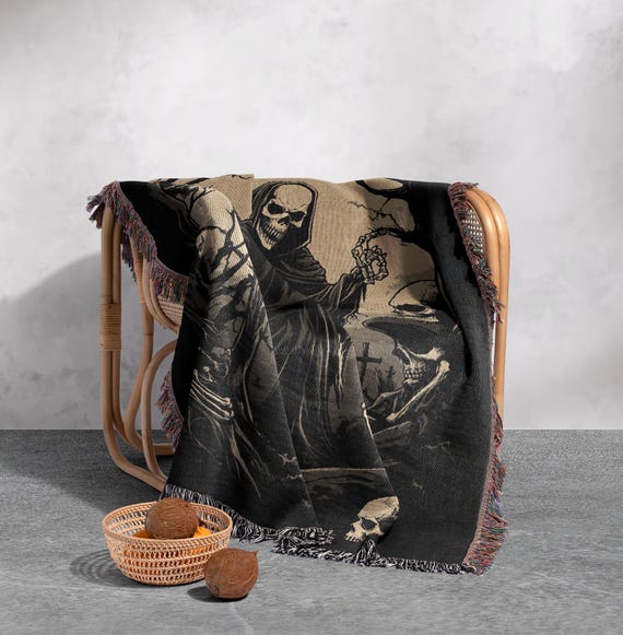 Grim Reaper Gothic Woven Blanket 100% Cotton - Dark Skeleton and
