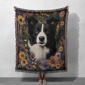 100% Cotton Custom Border Collie Woven Blanket, Floral Dog Tapestry Throw, Personalized Pet Blanket, Dog Lover Gift, Home Decor