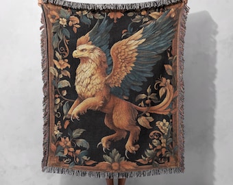 100% Cotton Griffin Woven Blanket, Mythical Creature Tapestry, Fantasy Home Decor
