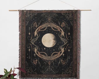 100% Cotton Celestial Moon Woven Blanket, Mystical Gothic Tapestry