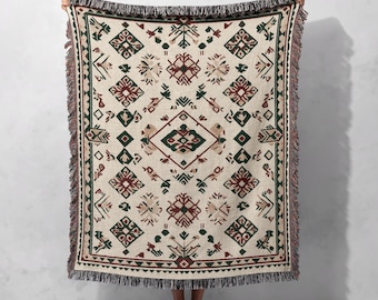 Boho Floral Woven Blanket 100% Cotton - Earthy Geometric and Floral Design with Fringed Edges, Cottagecore Tapestry