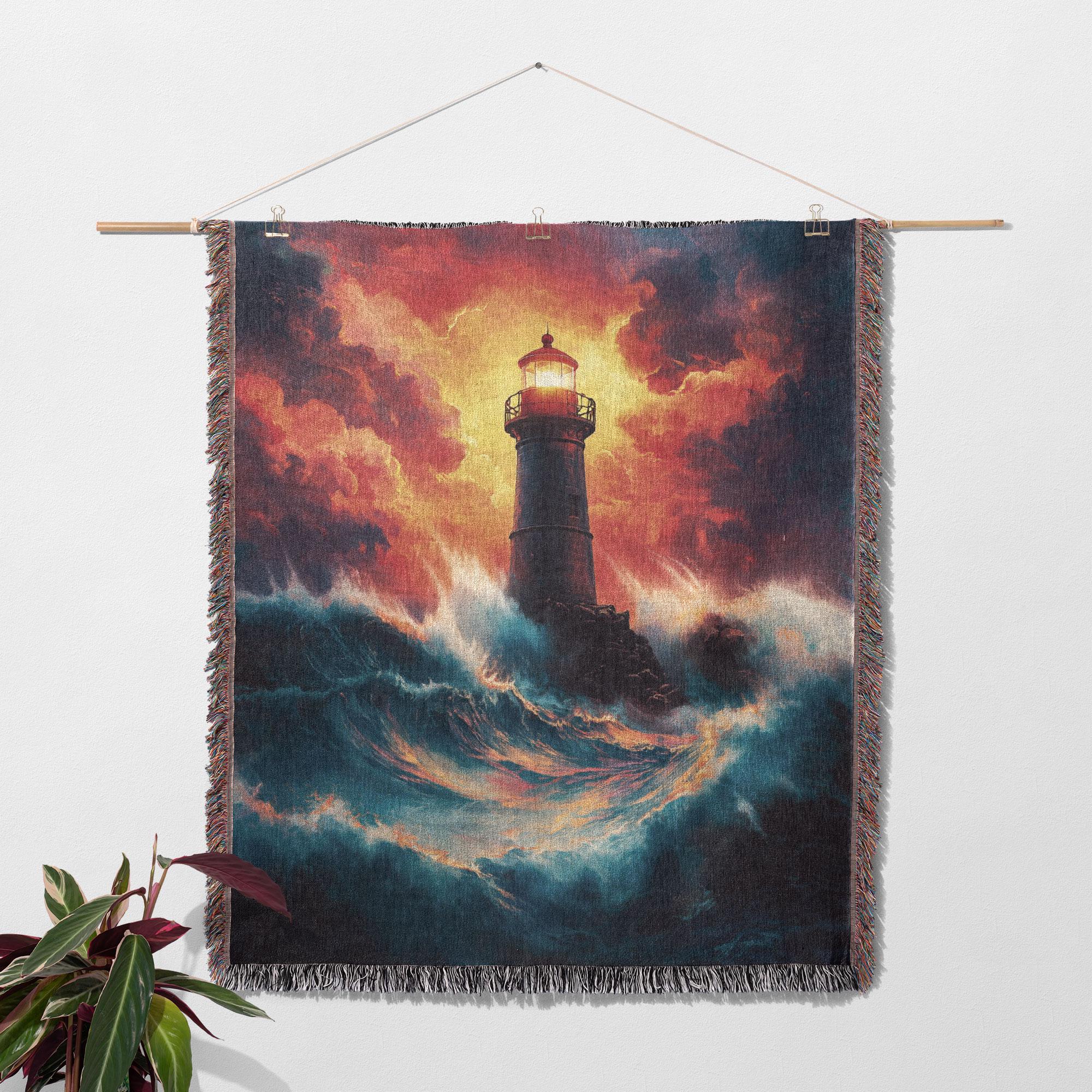 Lighthouse in the Storm 100% Cotton Woven Blanket – Nautical Art