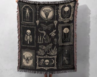 Gothic Skull and Candle Woven Blanket 100% Cotton - Vintage Skeleton and Nature Art Throw for Dark Home Decor, Cottagecore Tapestry