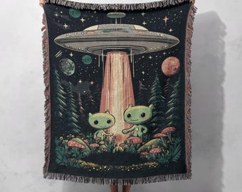 トワル・ド・ジュイ柄のUFOと牛のスローブランケット、ブルーのSF風