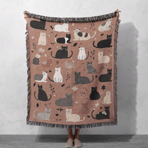 Playful Cat Pattern Woven Blanket 100% Cotton with Fringe - Cozy and Whimsical Feline-Themed Throw, Cottagecore Tapestry