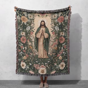 Jesus Sacred Heart Woven Blanket 100% Cotton - Religious Art Throw for Spiritual Home Decor, Cottagecore Tapestry