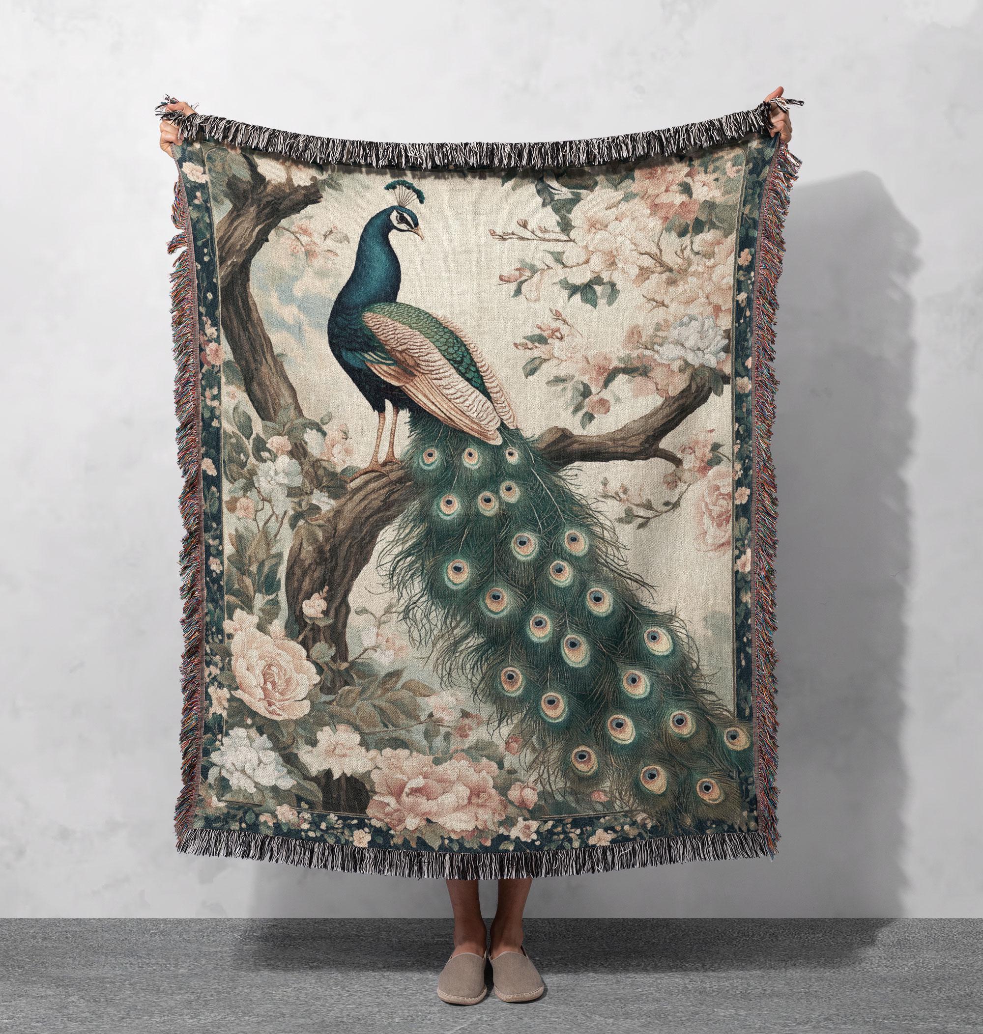 Elegant Peacock Woven Blanket with Floral Design for Vintage Home Decor, Cottagecore Tapestry