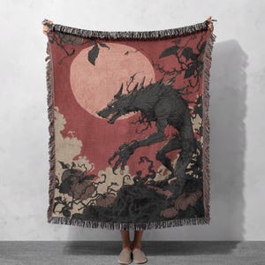 Werewolf Woven Blanket 100% Cotton, Horror Fan Gift Woven Throw, Halloween Decor Tapestry Blanket, Gothic Home Decor, Spooky Season Throw