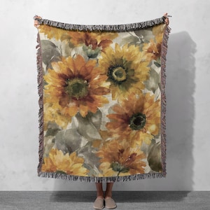 Sunflower Gardener Woven Blanket 100% Cotton, Floral Lover Woven Throw, Mom Birthday Gift Tapestry, Botanical Art Decor, Grandma Gift