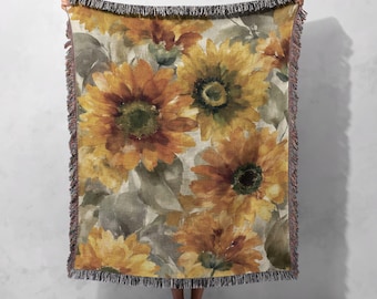Sunflower Gardener Woven Blanket 100% Cotton, Floral Lover Woven Throw, Mom Birthday Gift Tapestry, Botanical Art Decor, Grandma Gift