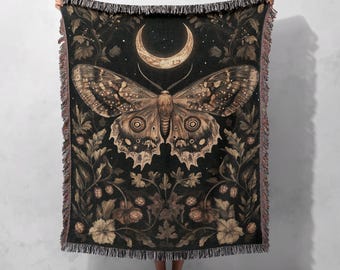 Manta tejida Lunar Moth 100 % algodón: tapiz de luna mística, acogedora manta inspirada en la naturaleza.