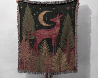 Spiritual Gift For Nature Lover 100% Cotton Woven Blanket, Celestial Deer Woven Tapestry, Witchy Home Decor Throw, Pagan Altar Cloth Throw
