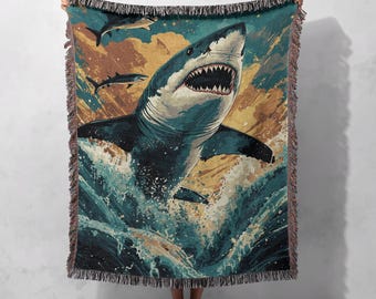 100% Cotton Shark Woven Blanket, Ocean Art Tapestry, Cozy Home