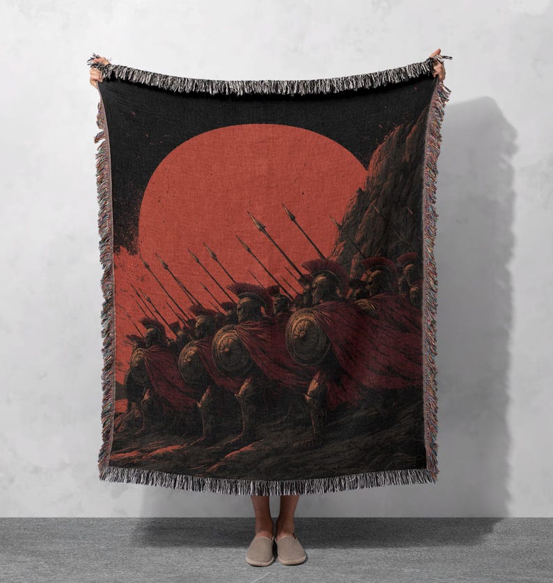 Spartan Warrior Woven Blanket 100% Cotton, Ancient Greece History Buff Tapestry Blanket, Stoic Philosophy Gift For Boyfriend Cotton Throw, Man Cave Decor Gift