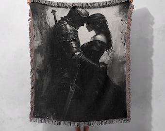 100% Cotton Dark Romance Woven Blanket, Gothic Knight and Lady Tapestry, Medieval Fantasy Throw, Moody Home Decor