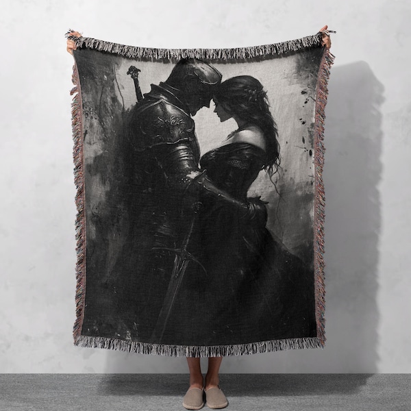 100% Cotton Dark Romance Woven Blanket, Gothic Knight and Lady Tapestry, Medieval Fantasy Throw, Moody Home Decor