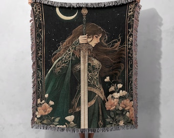 100% Cotton Moonlit Warrior Woven Blanket, Fantasy Sword Tapestry, Medieval Floral Throw, Epic Home Decor, Gift for Heroes