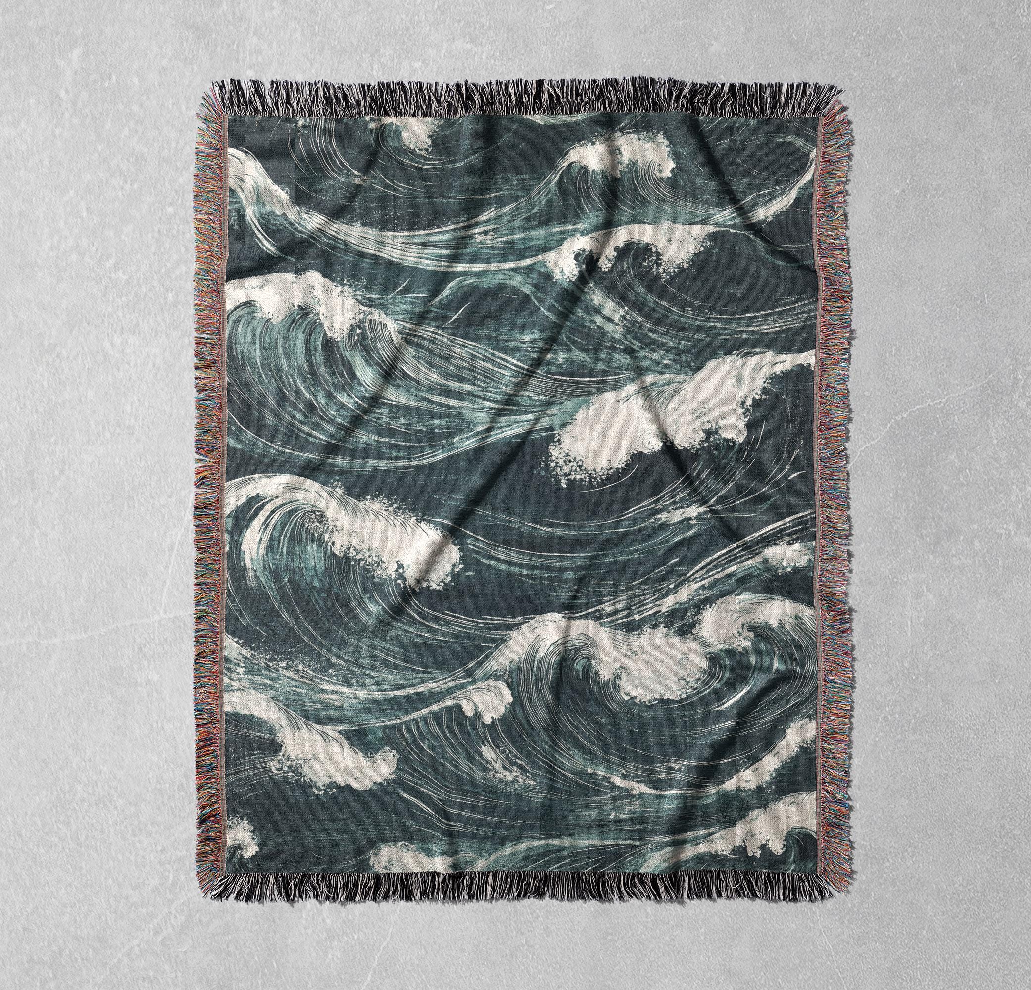 Ocean Waves Woven Blanket 100% Cotton - Coastal Throw for Nautical