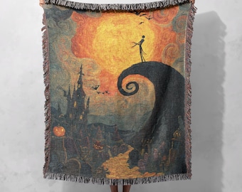 Halloween Woven Blanket 100% Cotton, Spooky Blanket, Halloween Decor Blanket, Gothic Blanket, Dark Fantasy Blanket, Holiday Blanket, Horror.