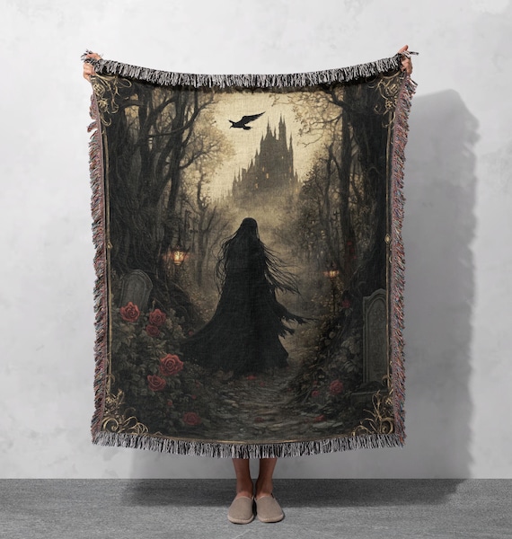 100% Cotton Gothic Castle Woven Blanket – Dark Fantasy Haunted Forest Tapestry, Spooky Cozy Throw