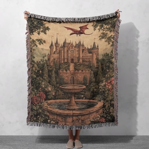 Couverture tissée 100 % coton Château enchanté, jeté médiéval-fantastique, tapisserie de conte de fées vintage, cadeau fantastique, couverture confortable