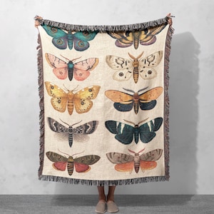 Vintage Moth Illustration Woven Blanket 100% Cotton, Butterfly Art Throw Blanket, Nature Insect Lover Woven Blanket, Entomology Study Decor.