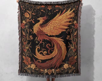 Majestic Phoenix Woven Blanket, Mythical Firebird Tapestry Throw, Gothic Boho Decor