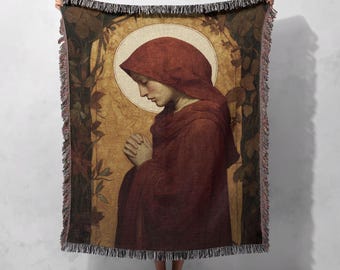 Christian Catholic Gift Woven Blanket 100% Cotton, Praying Virgin Mary Woven Throw, Religious Art Tapestry For Mom, Spiritual Faith Home.