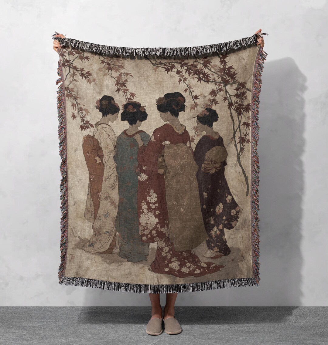 Japanese Pattern Throw Vintage Japanese Art Woven Blanket 100% Cotton, Elegant Kimono Women ...
