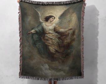 Heavenly Angel Woven Blanket 100% Cotton, Christian Religious Throw, Spiritual Art Home Decor, Angelic Wall Decor, Sympathy Gift, Christmas