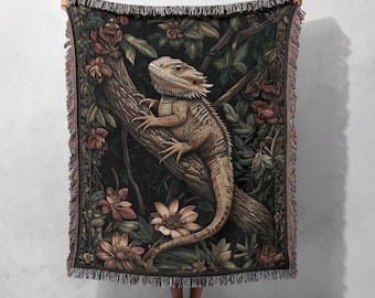 100% Cotton Bearded Dragon Woven Blanket, Reptile Lover Gift, Nature Tapestry