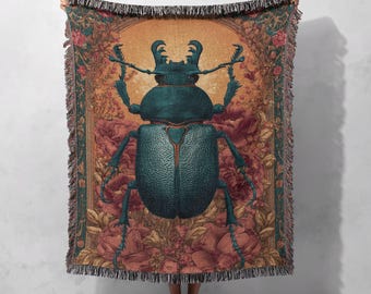 Beetle Lover Woven Blanket 100% Cotton, Entomology Hobby Gift Throw Blanket, Biologist Profession Couch Throw, Dark Academia Decor, Gothic