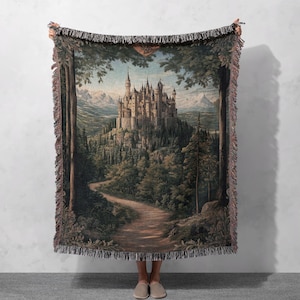 Medieval Castle Woven Blanket 100% Cotton, Fantasy Forest Tapestry Blanket, Fairytale Kingdom Home Decor Blanket, Cozy Gift For Dreamer