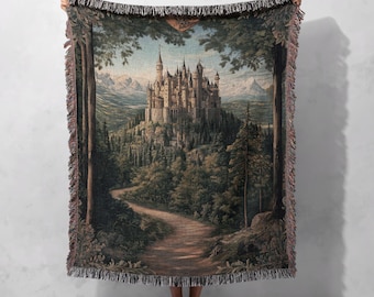 Medieval Castle Woven Blanket 100% Cotton, Fantasy Forest Tapestry Blanket, Fairytale Kingdom Home Decor Blanket, Cozy Gift For Dreamer