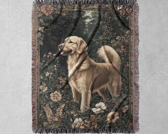 100% Cotton Golden Retriever Woven Blanket, Cozy Dog Lover