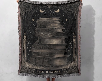 Manta tejida con la carta del Tarot del Lector, 100 % algodón, manta Dark Academia, tapiz tejido para amantes de los libros, decoración gótica para el hogar, bibliotecario