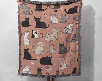 Manta de algodão 100% com estampa de gatos, aconchegante e decorativa, perfeita para amantes de felinos. Estilo Cottagecore.