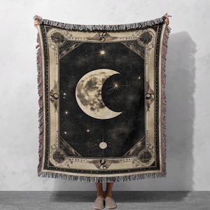 100% Cotton Moon Phase Woven Blanket, Celestial Tapestry, Mystical Gothic Throw, Cosmic Boho Decor, Astrology-Inspired Blanket