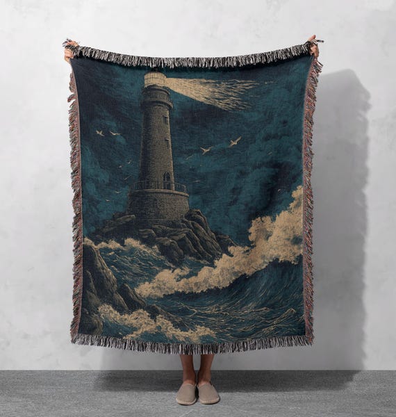 Buy Lighthouse Woven Blanket 100% Cotton, Coastal Decor Blanket