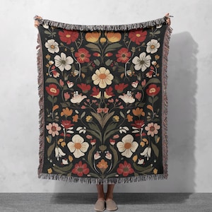 Floral Woven Blanket 100% Cotton with Vibrant Red, Yellow, and White Flowers, Cottagecore Tapestry