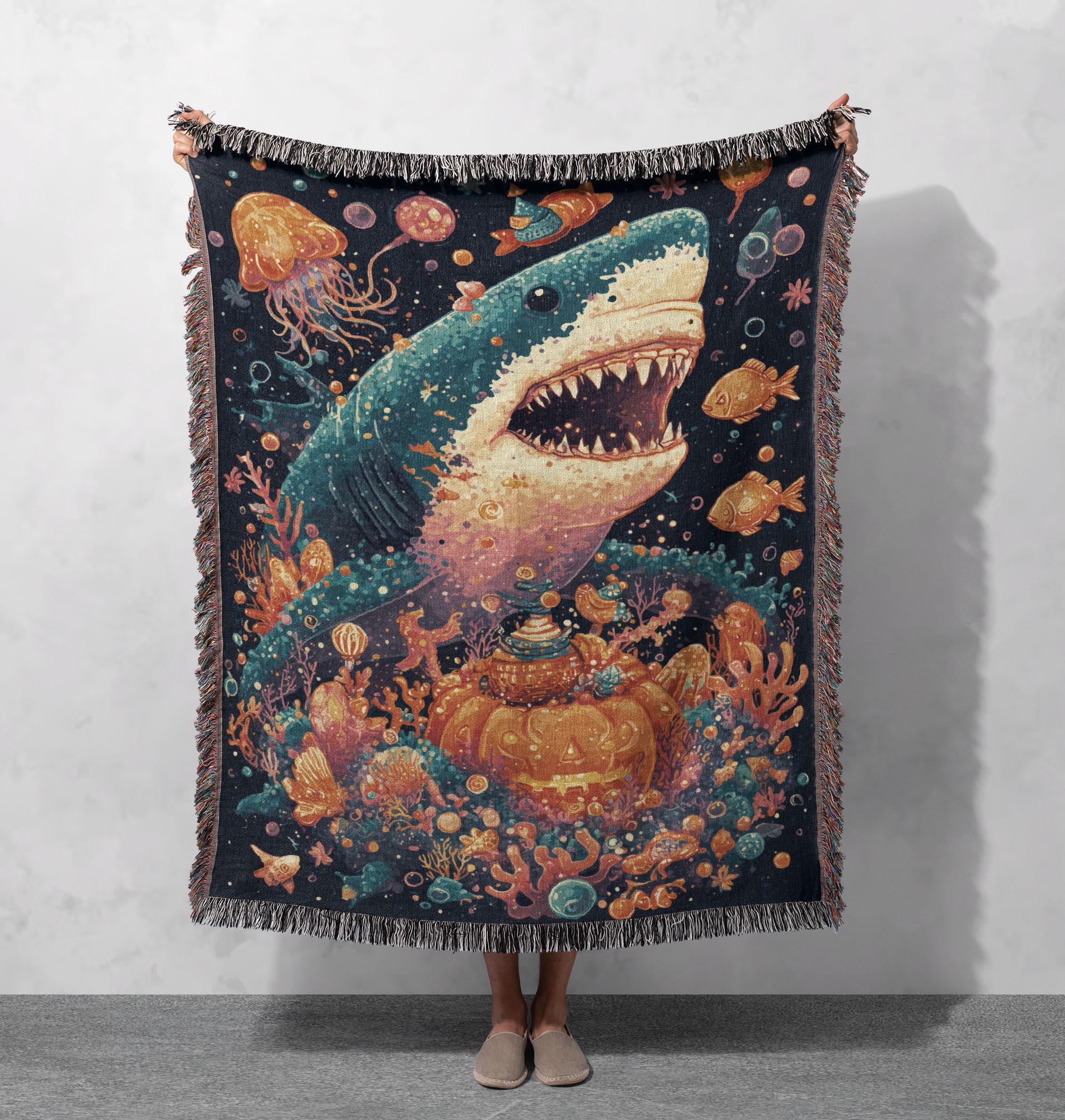 Shark Ocean Woven Blanket, Sea Creature Woven Blanket, Halloween