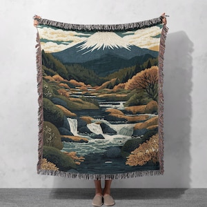 Mountain Landscape Woven Blanket 100% Cotton - Nature Art Throw, Cottagecore Tapestry