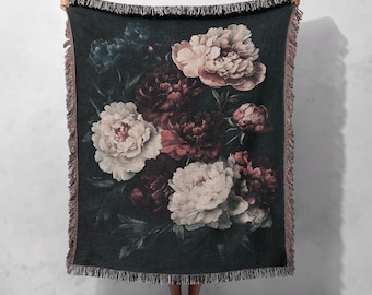 Dark Peony Bouquet 100% Cotton Woven Blanket – Elegant Floral Home Decor, Cottagecore Tapestry