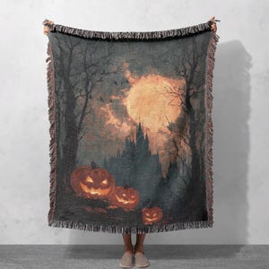 Halloween Woven Blanket 100% Cotton, Spooky Fall Decoration Woven Blanket, Haunted Castle Design Woven Blanket, Pumpkin Carving Art Blanket