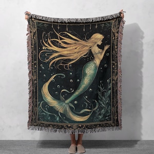 100% Cotton Mermaid Woven Blanket, Ocean Fantasy Tapestry, Mystical Sea Throw