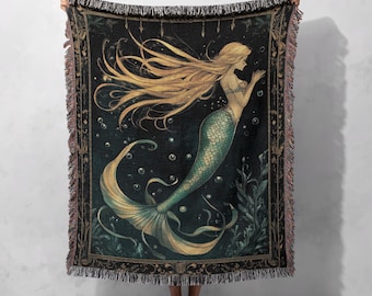 100% Cotton Mermaid Woven Blanket, Ocean Fantasy Tapestry, Mystical Sea Throw