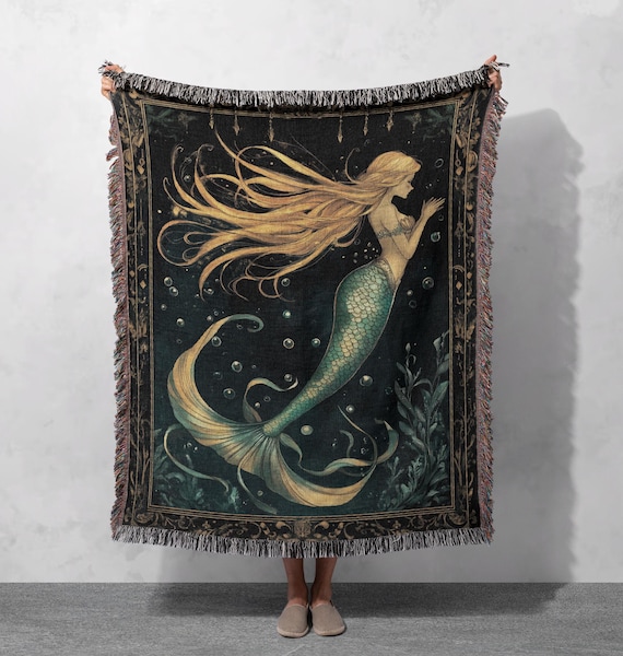 100% Cotton Mermaid Woven Blanket, Ocean Fantasy Tapestry