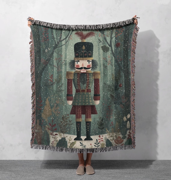 Nutcracker Christmas Woven Blanket 100% Cotton, Holiday Decor Woven Throw, Winter Forest Tapestry, Ballet Lover Gift Woven Blanket, Family.