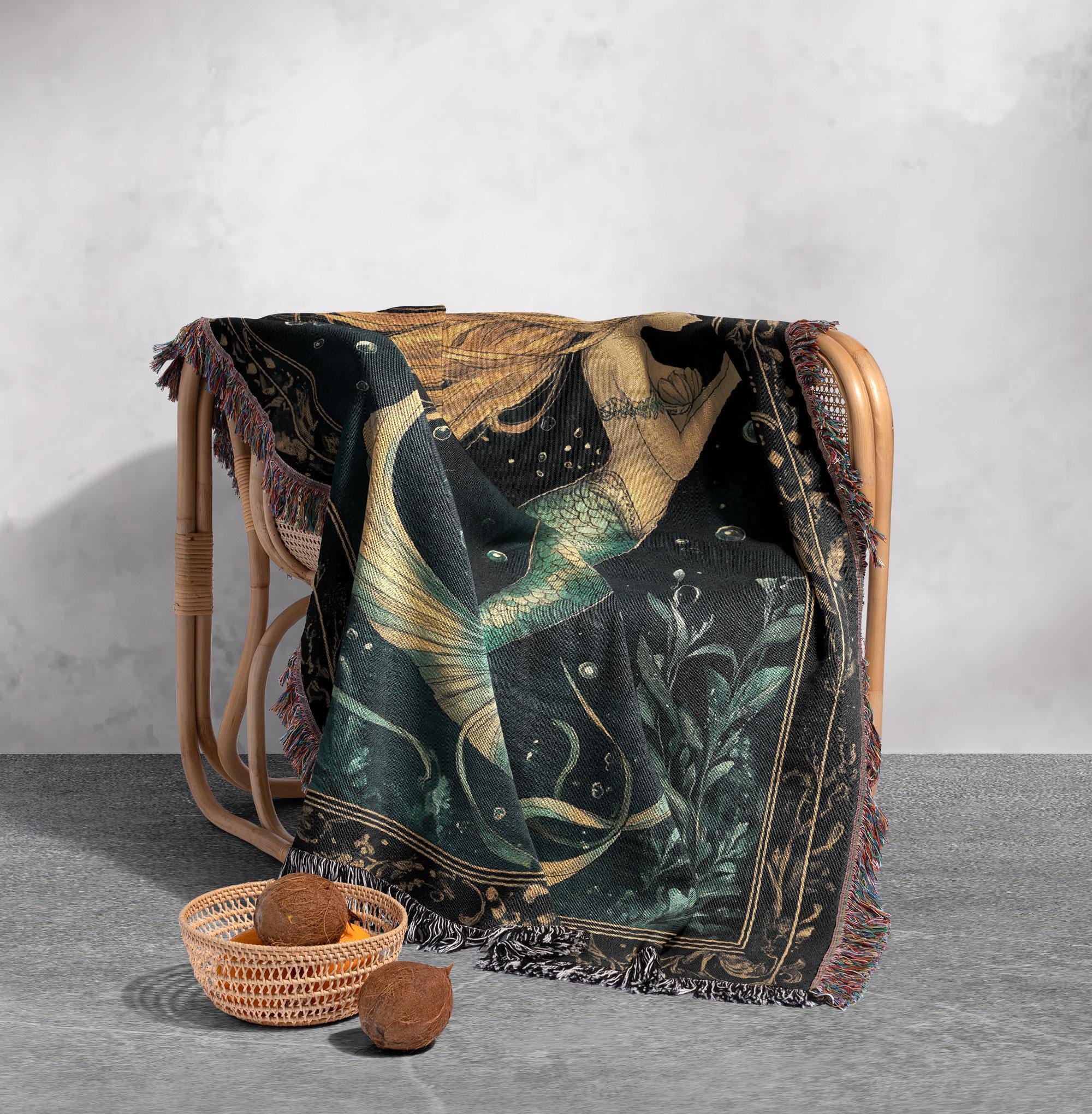 100% Cotton Mermaid Woven Blanket, Ocean Fantasy Tapestry