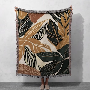 Tropical Leaf Woven Blanket 100% Cotton - Bold Botanical Design Throw for Boho Living Room or Bedroom Decor, Cottagecore Tapestry